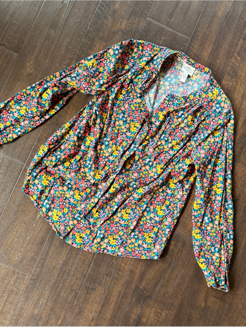 St. John's Bay Floral Button-Down Shirt in Navy with Yellow & Pink Flowers